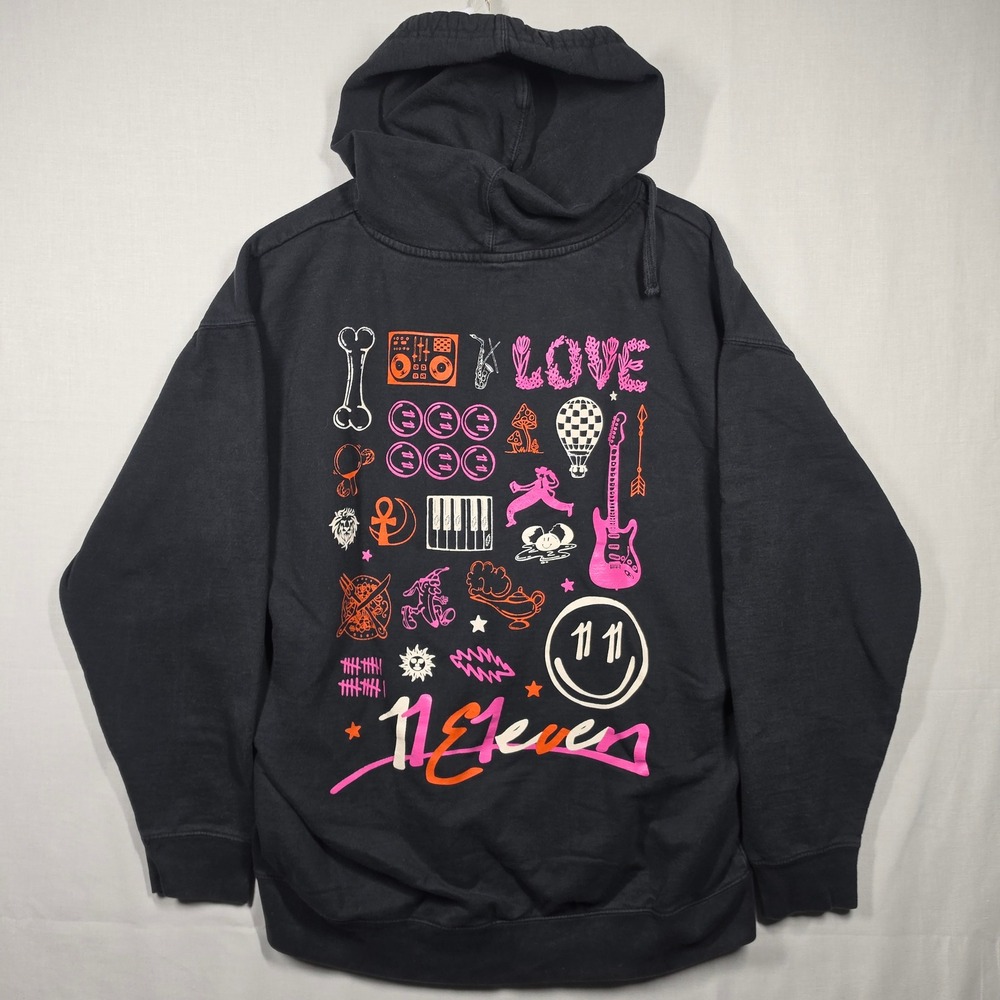 11:11 Graphic Smiley Face Hoodie Mens XL Black Streetwear Music Collage Pullover